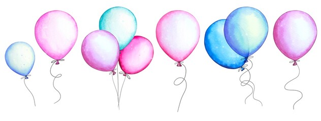 Blue, pink balloons. Hand drawn watercolor illustration