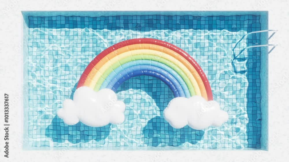 Poster loop animation of swimming pool and floating rainbow, 3d rendering.