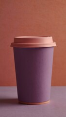 Purple coffee cup with a pink lid on a pink-orange background.