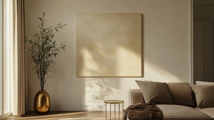 Photo of a large square beige canvas artwork on the wall of an elegant and modern living room. The room features soft, earthy colors, including a beige sofa with a brown blanket, round metal side tabl