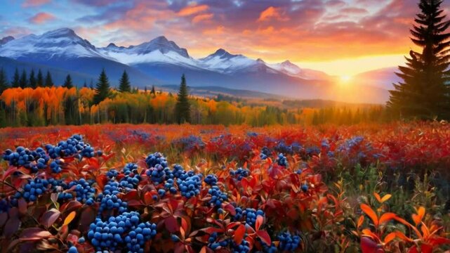 Blackberry bushes field in the fall and the mountains at sunrise.