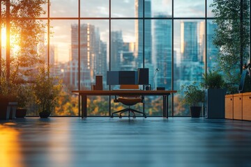 Glass coworking interior with desks in row and panoramic window. Mockup wall, Generative AI