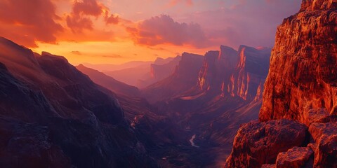 Fototapeta premium A dramatic mountain range at sunset, with a canyon and a sliver of river running through the middle.