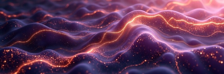 A mesmerizing abstract landscape featuring flowing waves of light and sparkles, perfect for digital art, technology, or futuristic design concepts.