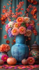 A vibrant floral arrangement in a blue vase with decorative elements.