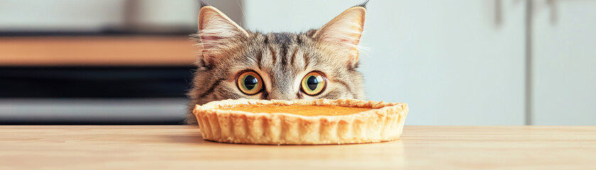 Cat staring curiously at a pumpkin pie on a kitchen counter, mischievous expression, detailed textures, warm lighting, Thanksgiving, Pets, Curious Cat