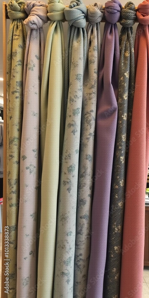 Poster intricately tied curtain knots hang gracefully in a textile shop, displaying a vibrant array of colo