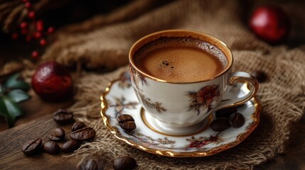 A cup of coffee on a rustic table