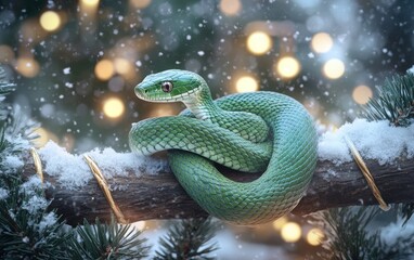 Fototapeta premium A graceful green snake coiled around a wooden branch covered in snow.