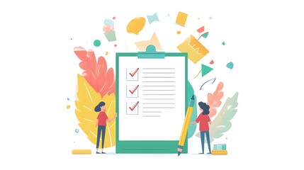 Checklist and to-do list with people and colorful elements