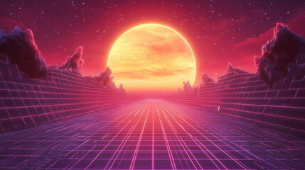 Retro Futuristic Sunset with Neon Grid and Mountain Silhouettes