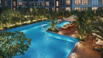 Fototapeta premium A serene Swimming pool area with lush greenery, comfortable lounge chairs, and ambient lighting