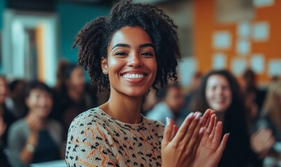 Woman Finishing a Presentation in a Meeting Room at Office With Multiethnic Team. She is Presenting Company Growth Data and Marketing Strategy. Colleagues Clapping, Cheering, Celebrating her