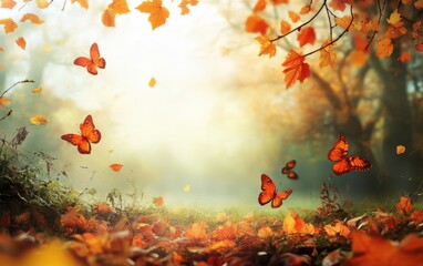 Autumn  landscape with butterfly. Mockup autumn