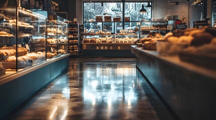 Cozy bakery interior with delicious pastries and baked goods