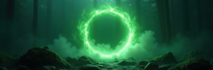 A mystical green portal surrounded by fog in a shadowy forest, perfect for fantasy themes, storytelling, and imaginative projects.