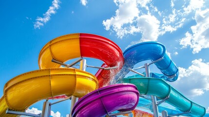 A set of colorful water slides in an outdoor aquapark, curving under a bright blue sky, representing excitement and summer fun