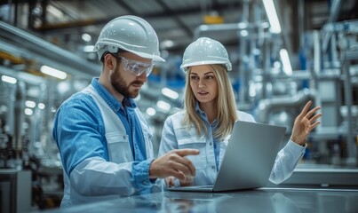 Male and Female Industrial Engineers in Hard Hats Discuss New Project while Using Laptop. They Make Showing Gestures.They Work in a Heavy Industry Manufacturing