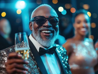 A cheerful man in a sparkling tuxedo raises a glass in celebration, capturing the spirit of joy, sophistication, and connection in a lively social setting.
