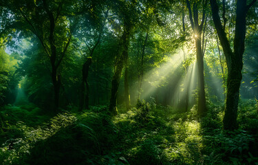 Obraz premium sun rays through the forest , Beautiful Rays of sunlight in green Forest