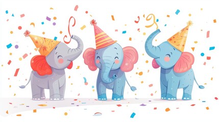 Obraz premium Happy New Year, elephants in party hats with streamers, clear background, flat design illustration