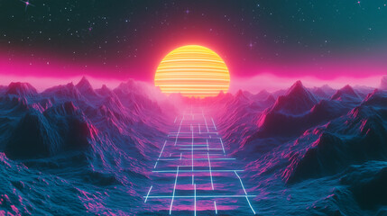 Retro Futuristic Sunset with Neon Grid and Mountain Silhouettes