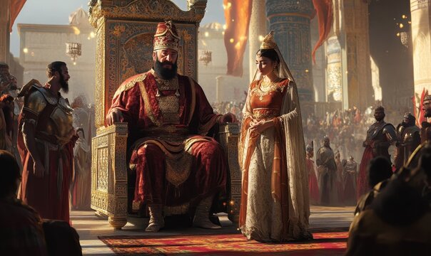 King and queen in ornate court, surrounded by people.