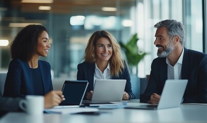In Modern Office: Diverse Team of Managers Use Laptop and Tablet Computers at a Company Meeting Discussing Business Projects. Young, Motivated and Experienced Employees Brainstorm in Conference