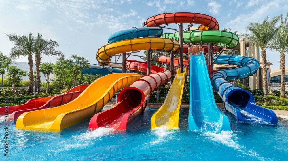 Poster create 20 prompts for stock photos related to a set of colorful water slides in an outdoor aquapark 