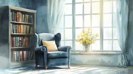 Fototapeta premium Reading corner in office, cozy armchair, peaceful workspace, Watercolor style