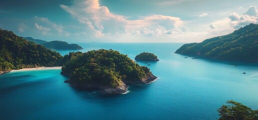 Scenic aerial view of tropical islands with lush green foliage and turquoise waters.