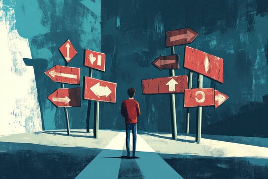 A confused individual at a crossroads, staring at a set of confusing symbols on signs, with arrows pointing in all directions, struggling to make a life decision