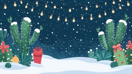 Merry Christmas, cactus plants with lights and snow, flat design illustration