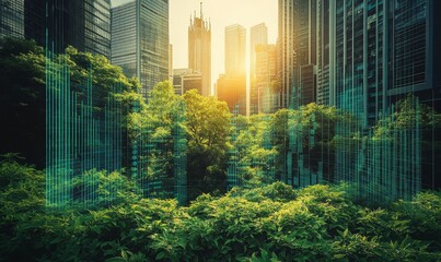 A vibrant urban landscape featuring lush greenery and modern buildings, overlaid with white data charts and graphs, symbolizing eco-friendly business practices and sustainable, Generative AI