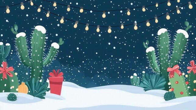 Merry Christmas, cactus plants with lights and snow, flat design illustration