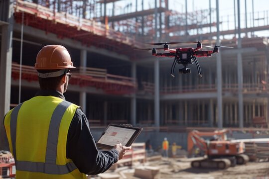 A drone conducting a detailed aerial survey of a large construction site, collecting data for mapping and 3D modeling, demonstrating the precision and efficiency of UAVs in construction