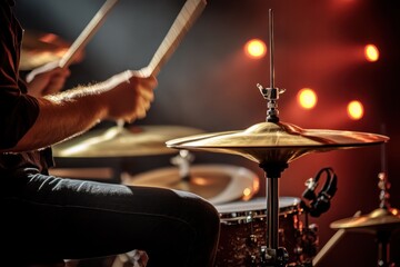 Naklejka premium A drummer performing on a modern drum set, with cymbals shimmering and drumsticks flying, representing the dynamic energy of percussion instruments in a live setting