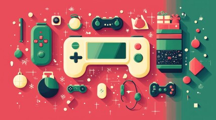 Merry Christmas, nerdy gadgets and geeky themes, flat design illustration