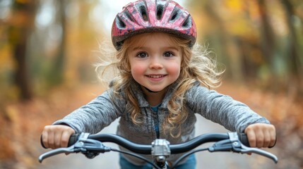 Obraz premium Child Learning to Ride a Bike in Autumn Forest