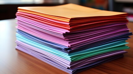 A neat stack of colorful papers organized in a vibrant spectrum, showcasing a spectrum of colors from warm orange to cool purple hues.