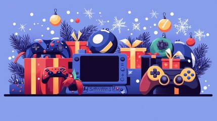 Merry Christmas, gaming consoles and controllers, flat design illustration