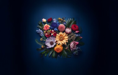 Obraz premium A vintage arrangement of colorful flowers on a deep blue background.