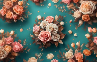 Vintage aesthetic with a teal background featuring a bouquet of peach and white roses.