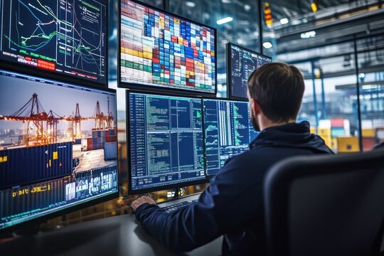 A high-tech container shipping company headquarters, where real-time data on container tracking, port logistics, and delivery schedules is monitored on multiple screens