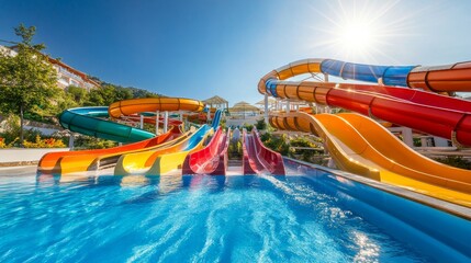 Outdoor aquapark with a mix of colorful water slides, winding and turning under the bright summer sun, pools below reflecting clear sky