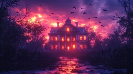 Spooky Haunted Mansion with Flying Bats at Dusk