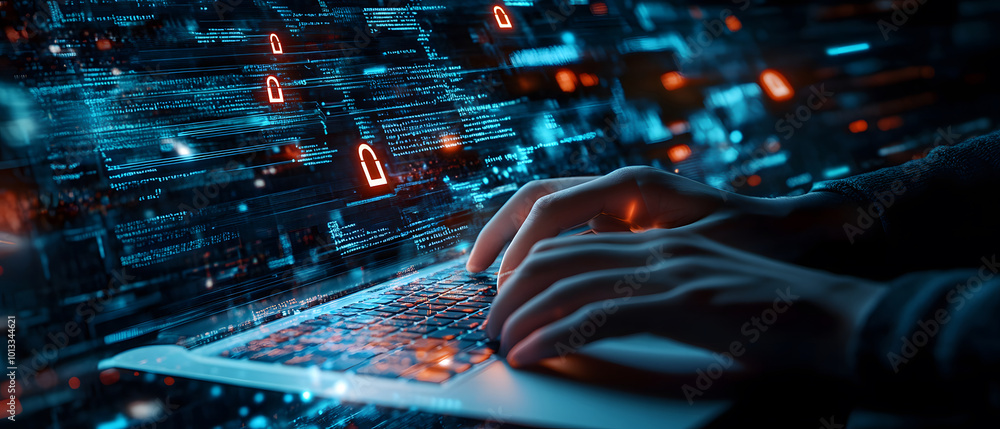 Poster cyber security expert professional male working remotely data protection cloud computing technology 
