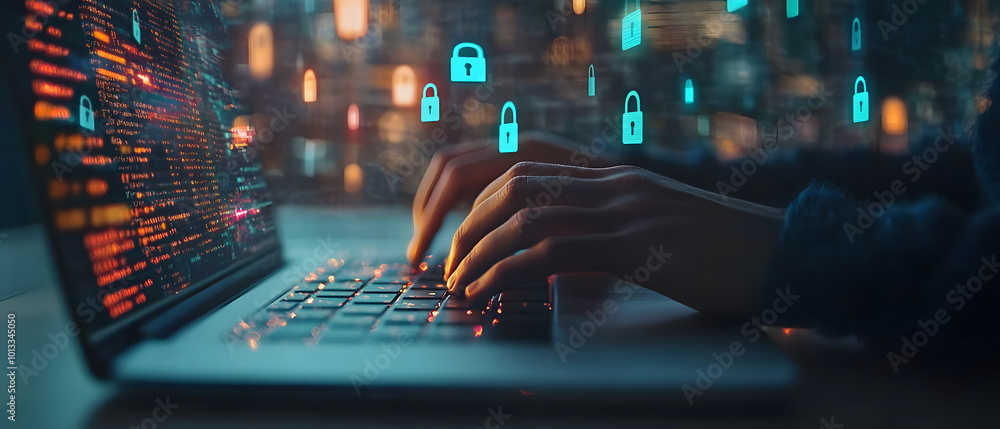Poster cyber security expert professional male working remotely data protection cloud computing technology 