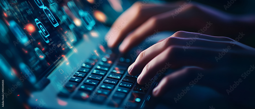 Poster cyber security expert professional male working remotely data protection cloud computing technology 