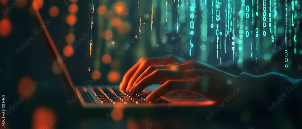 Poster cyber security expert professional male working remotely data protection cloud computing technology 